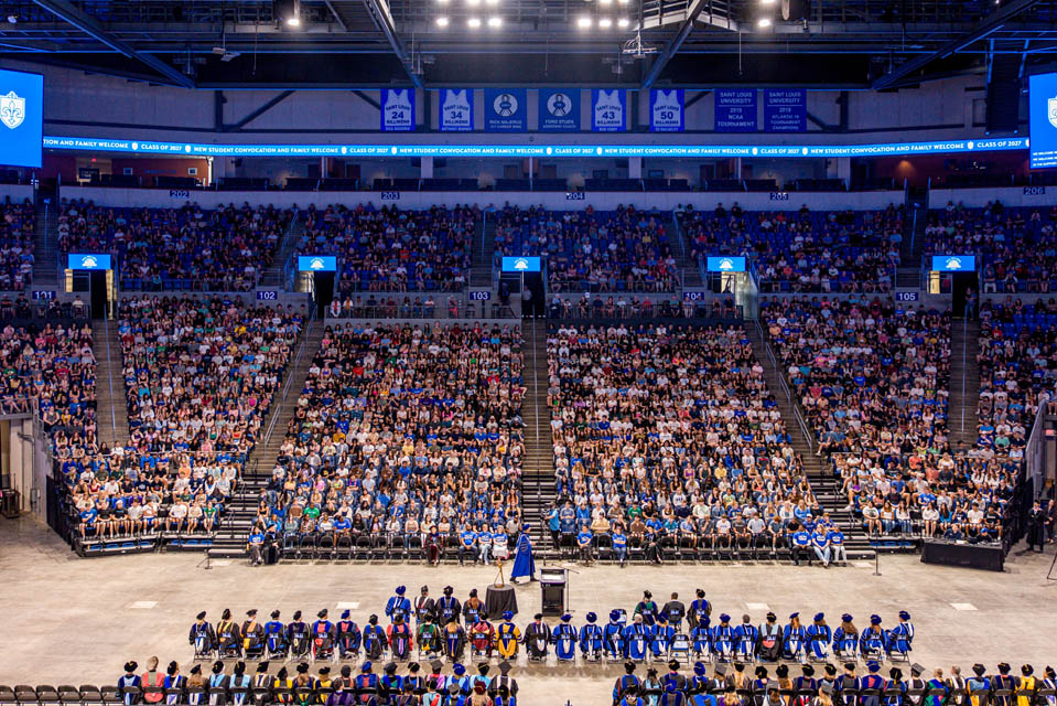 President Fred P. Pestello, Ph.D., addresses the class of 2027 during Convocation at Chaifetz Arena on Saturday, Aug. 19, 2023. Photo by Sarah Conroy.