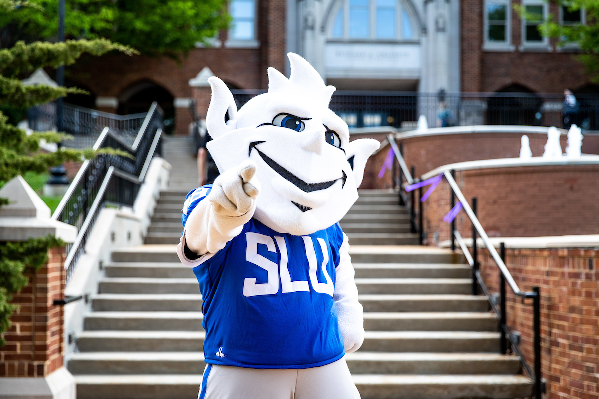 Saint ֱοƵ University Billiken Mascot pointing toward viewer