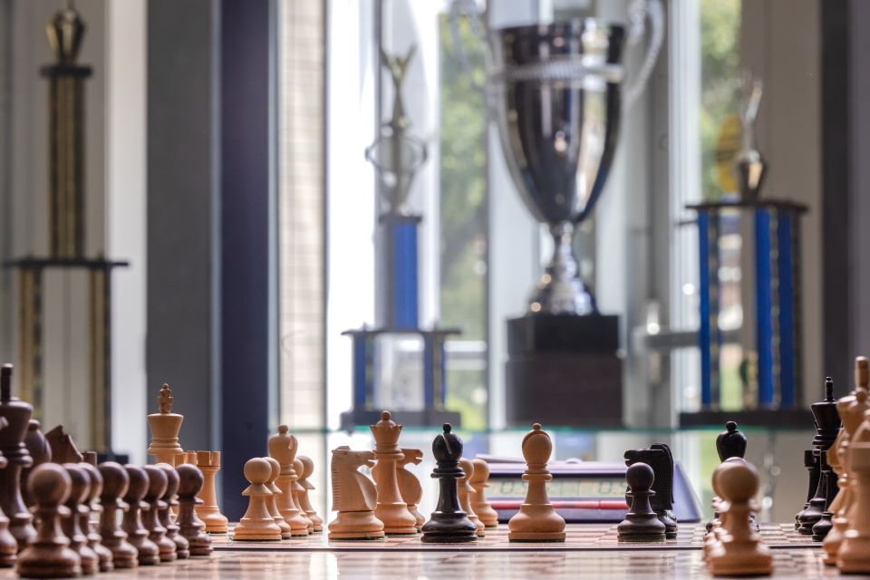 A practice board in the chess team headquarters on the ground floor of Saint ֱοƵ University's Morrissey Hall. Photo by Sarah Conroy. 