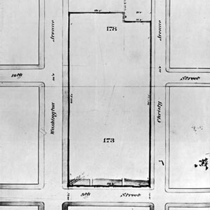 A map showing 482 feet of land on Washington Avenue and 462 feet along Lucas Avenue (then known as Christy Avenue), owned by Saint ֱοƵ University. The width of the property was 225 feet on Ninth Street.